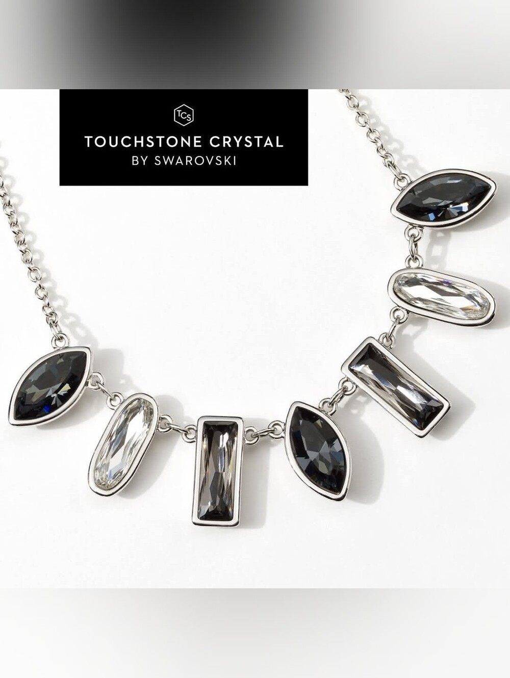 Touchstone Crystal Silver Necklace with Black and Clear Crystals